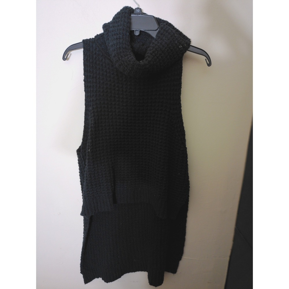 Free People Sweater Vest Womens XS Black Waffle Knit High Low Turtleneck Cozy